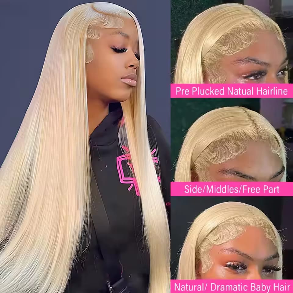 Perruque blonde à lace front – 100 % cheveux naturels – Densité 200% – Lace transparente – Pré-épilée