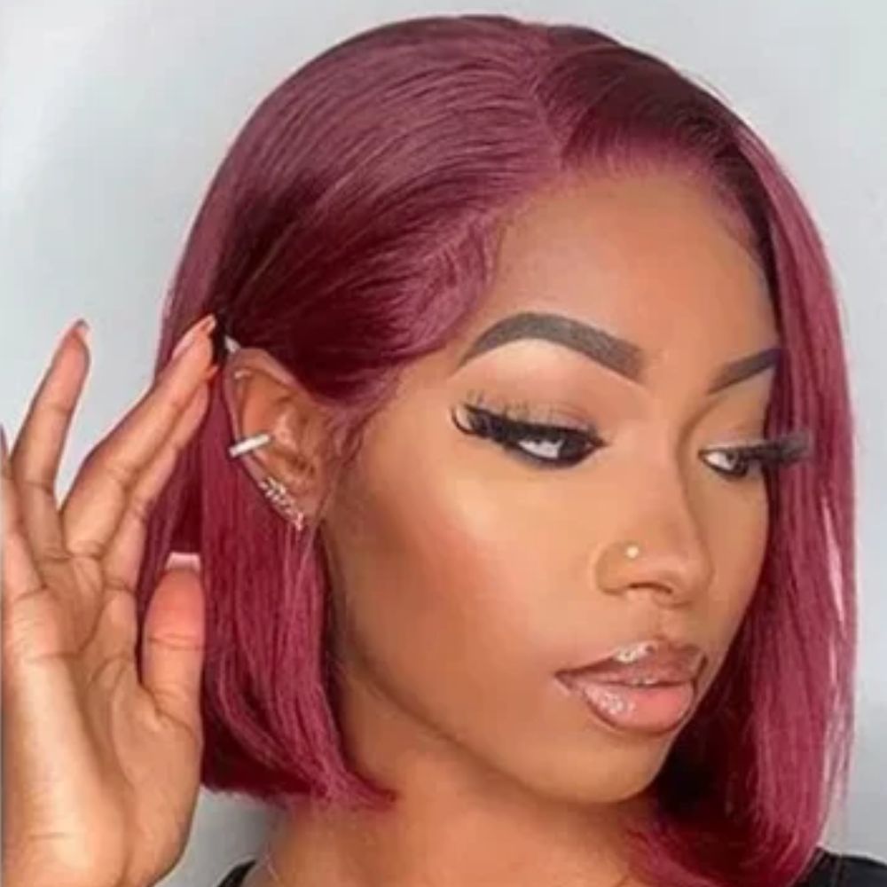 99J Burgunder Kurze Bob Perücke Glatt 13x4 HD Lace Front | 100% Echthaar 200% Dichte