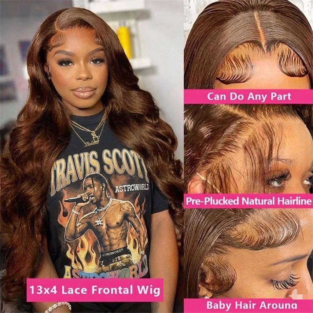 Woman wearing a Travis Scott t-shirt with a close-up of a lace frontal wig on the right.