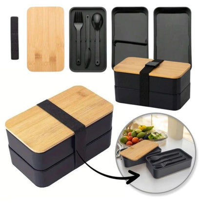 Doppelte Lunchbox mit Besteck, Bambus