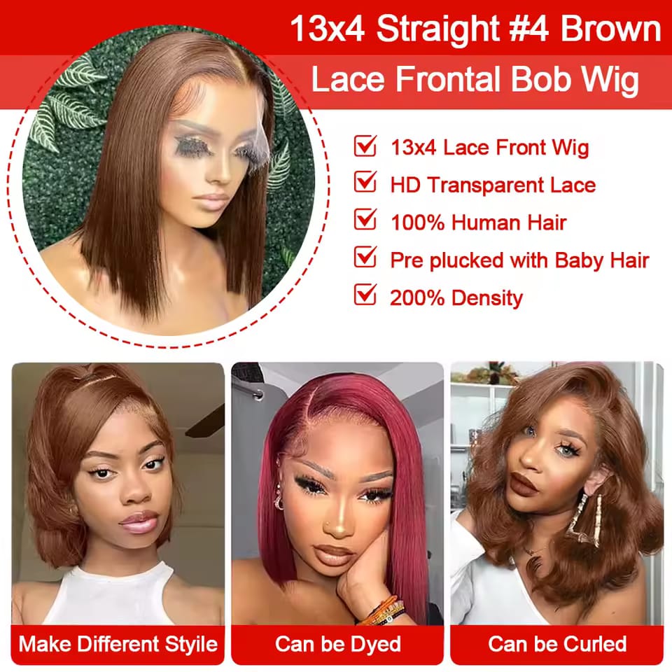 Advertisement for a 13x4 straight brown lace frontal bob wig with product details and examples of styling.