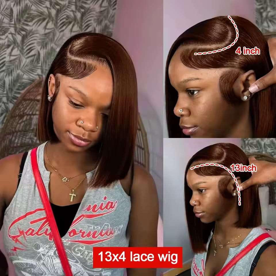 Woman with a 13x4 lace wig, showing different angles and measurements.