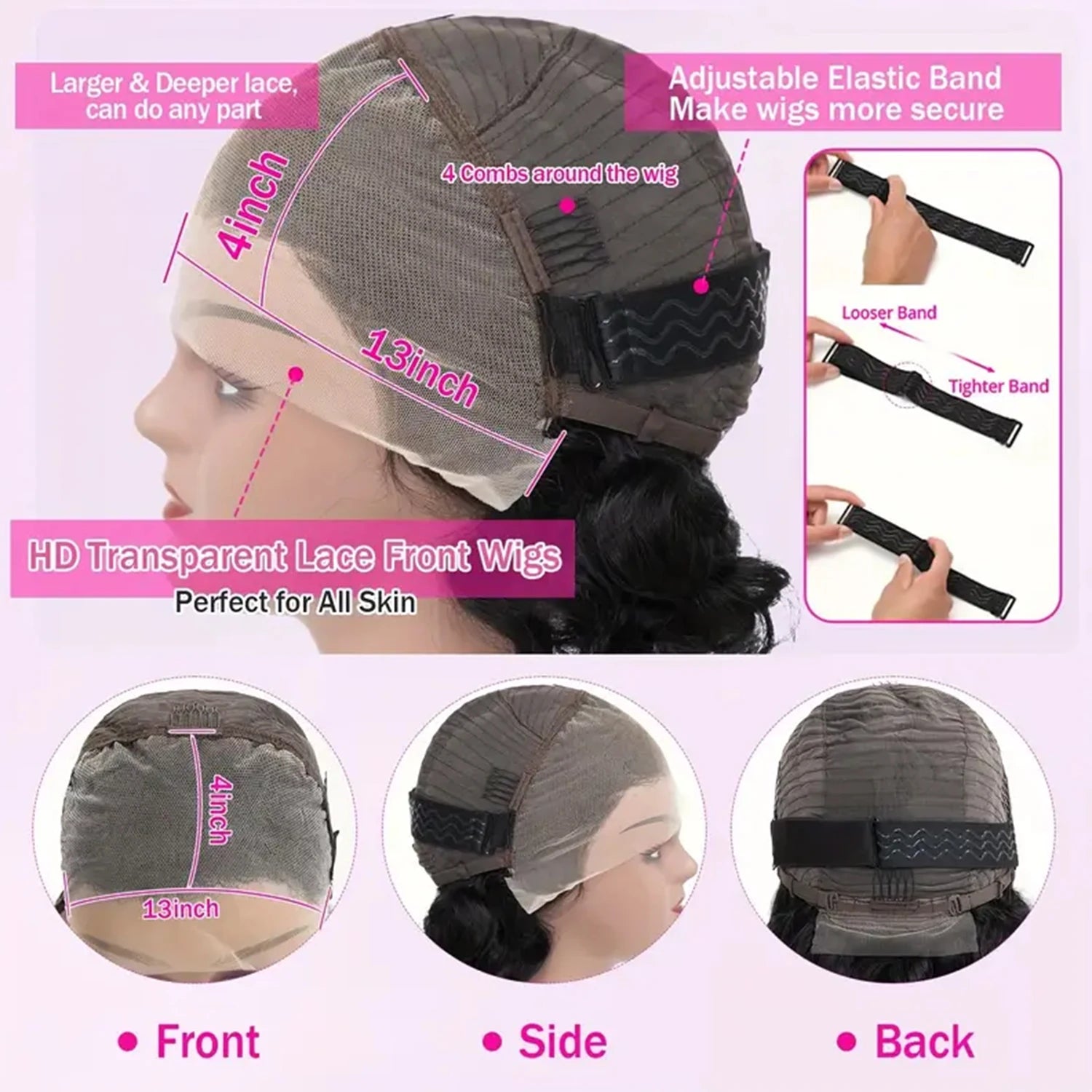 Wig with adjustable elastic band and measurements on a pink background