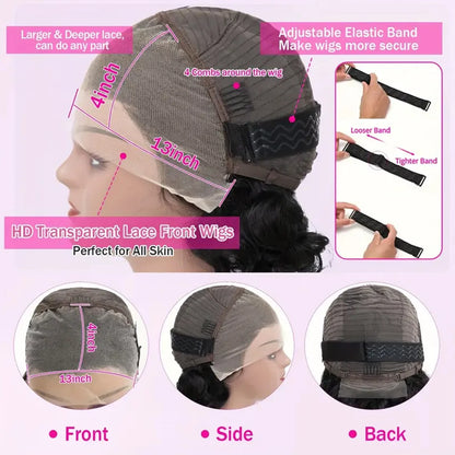 Wig with adjustable elastic band and measurements on a pink background