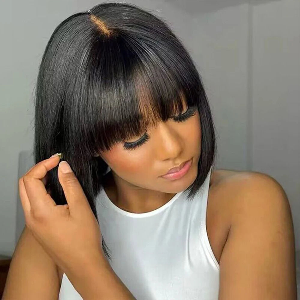 Perruque Carré Court | Cheveux Humains Brésiliens Remy | Raie Milieu en Dentelle 3x1 | Carré Lisse
