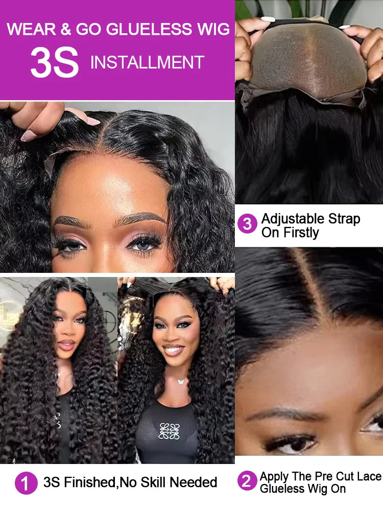 Perruque bouclée sans colle 13x4 / 13x6 Wear & Go cheveux humains – Prédécoupée prête à porter – Densité 200 %