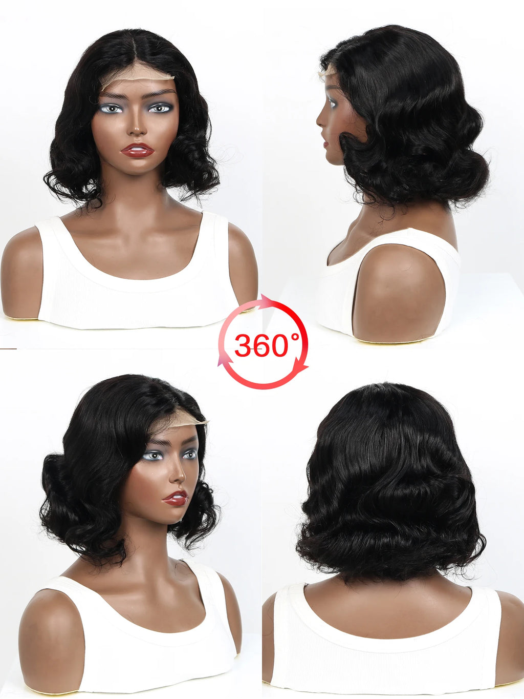 Black wig displayed on a mannequin with multiple angles shown.