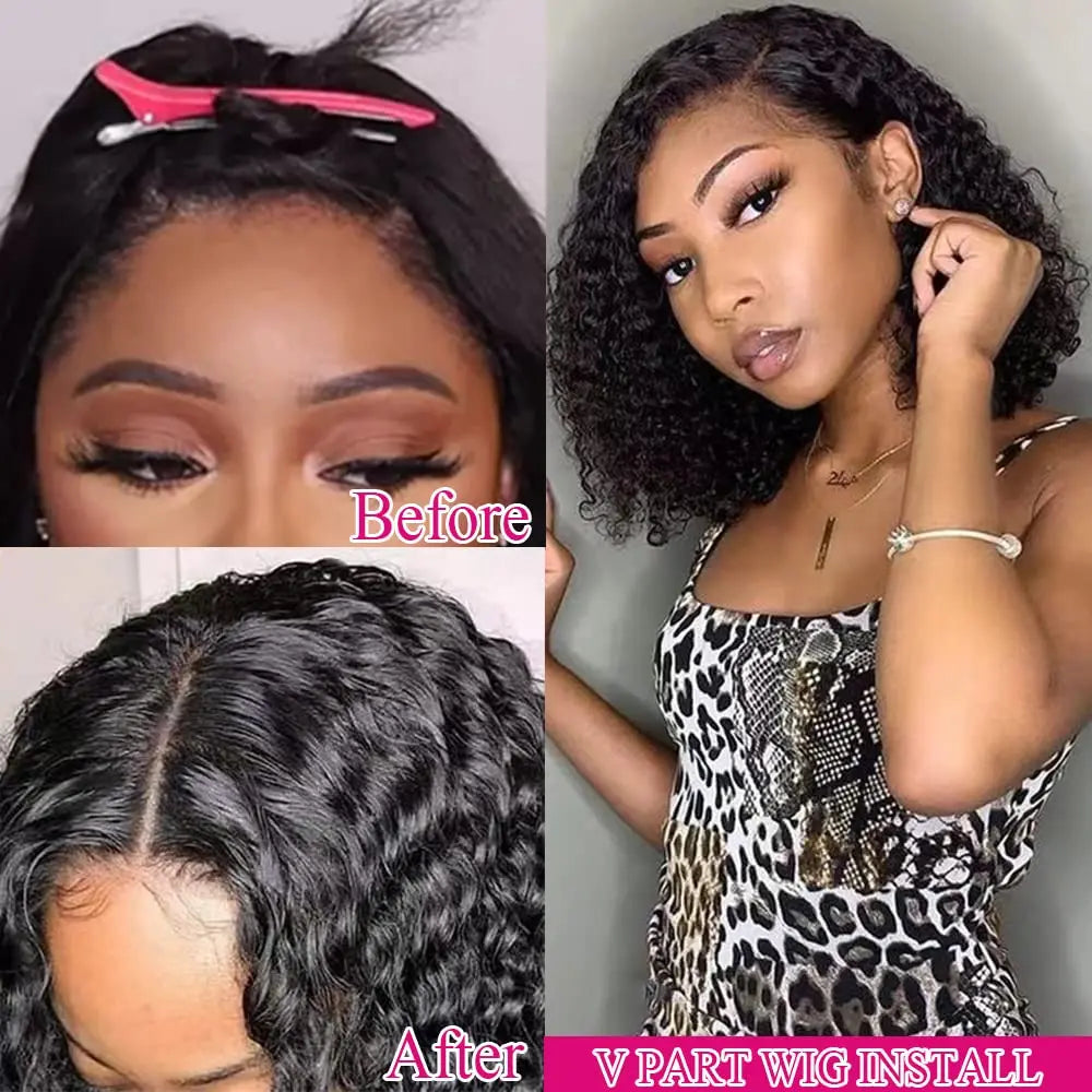 V Part Kinky Curly Real Hair Wig | 100% Brazilian Hair 14 inch 180% - LUX-Anic