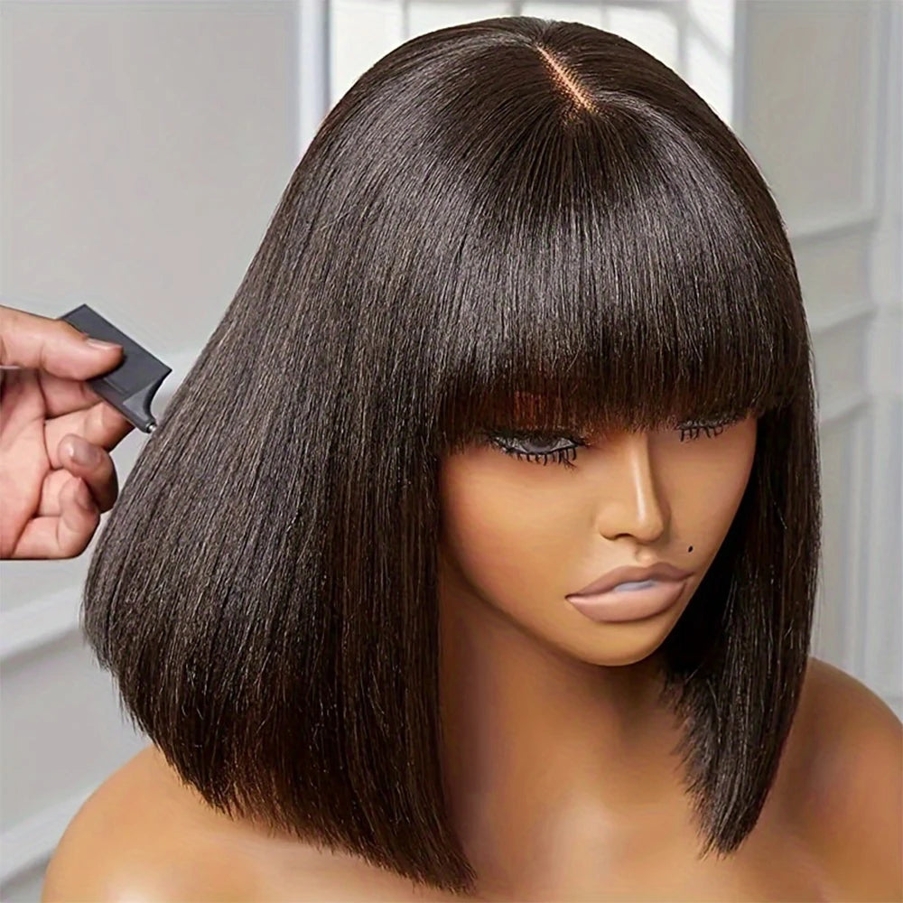 Perruque Carré Court | Cheveux Humains Brésiliens Remy | Raie Milieu en Dentelle 3x1 | Carré Lisse