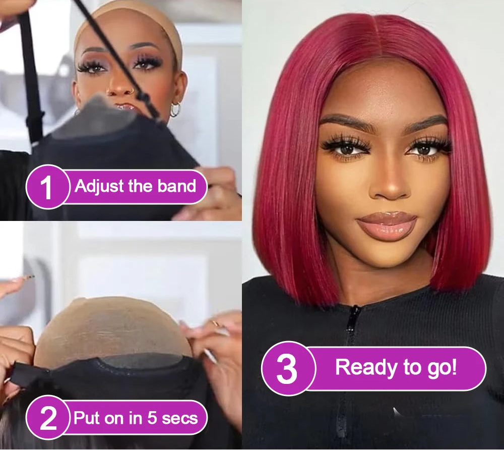 99J Burgundy Straight Bob Wig – 100% Human Hair – Glueless Lace Front - LUX-Anic