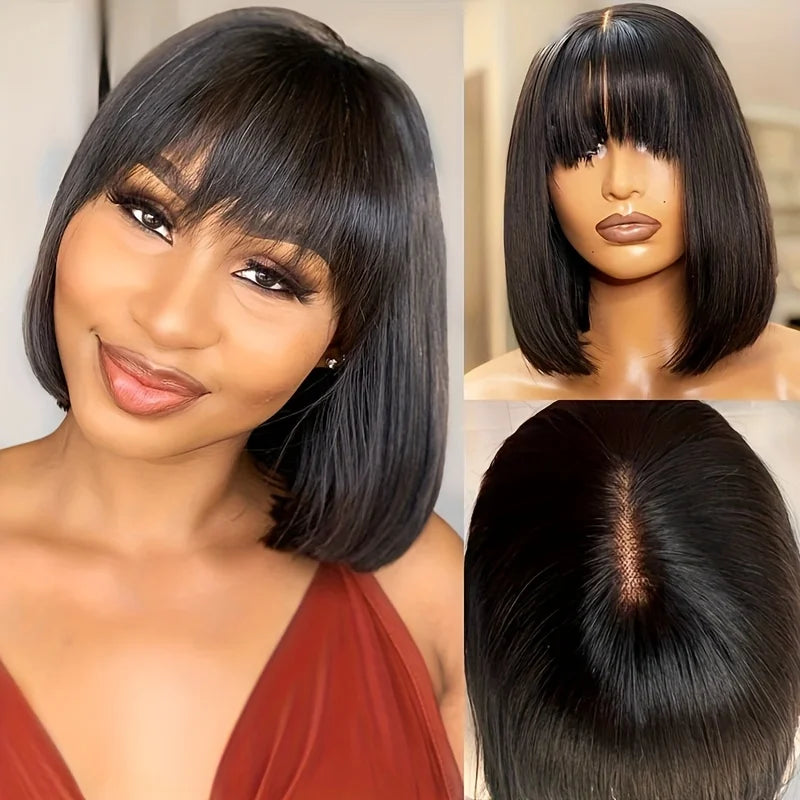 Perruque Carré Court | Cheveux Humains Brésiliens Remy | Raie Milieu en Dentelle 3x1 | Carré Lisse