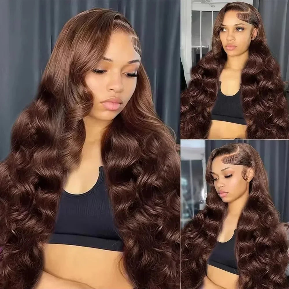 Woman with long, wavy brown hair styled in a lace front wig, wearing a black sports bra.