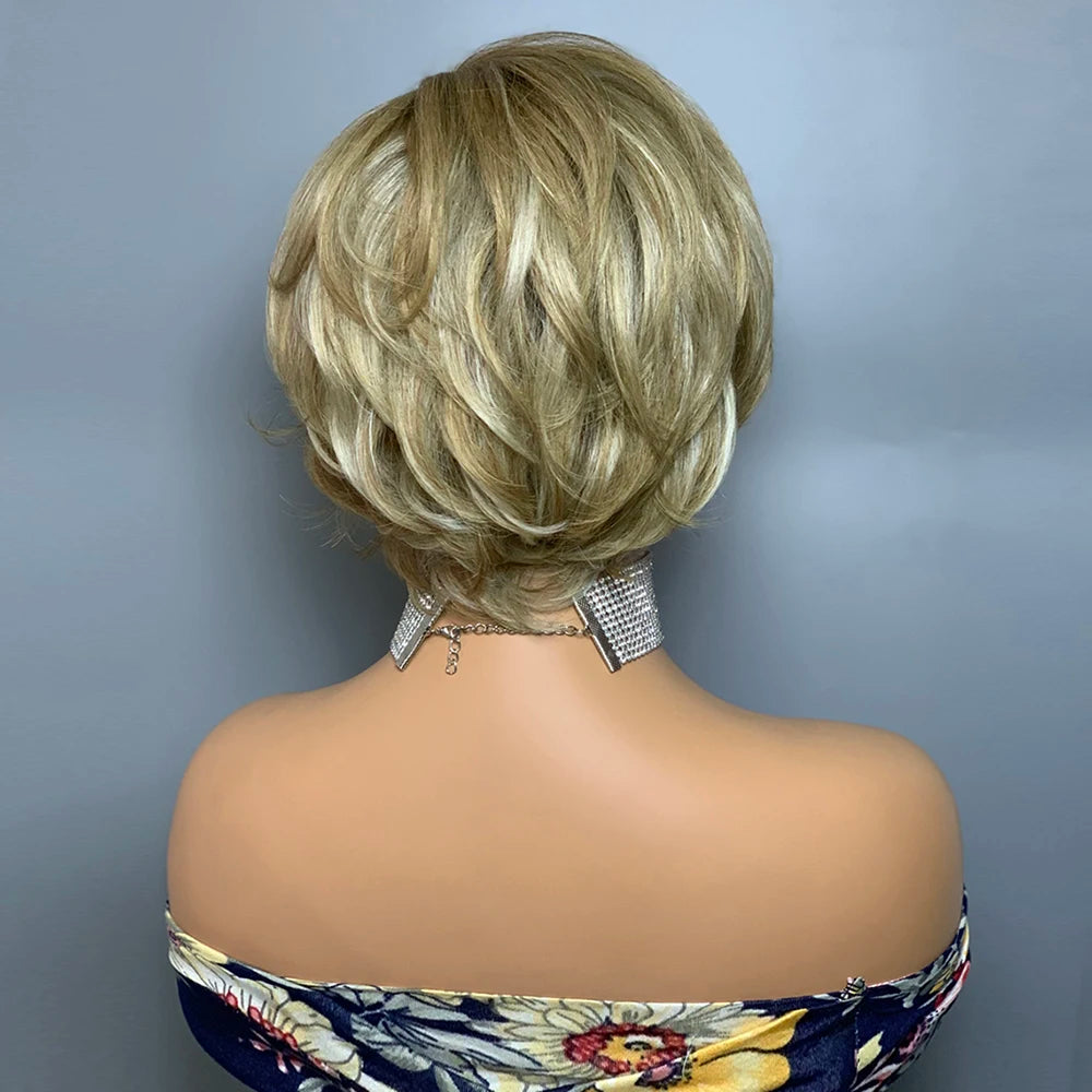 Perruque coupe Pixie ondulée | Cheveux humains Remy brésiliens | Sans dentelle | Carré court avec frange