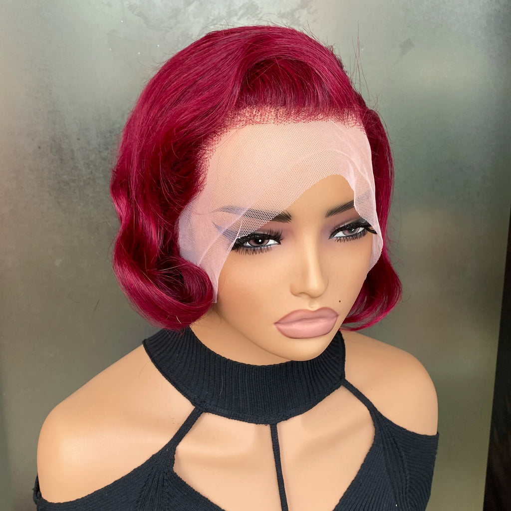 Perruque coupe Pixie 99J droite, lace frontale 13x4 transparente, cheveux humains Remy