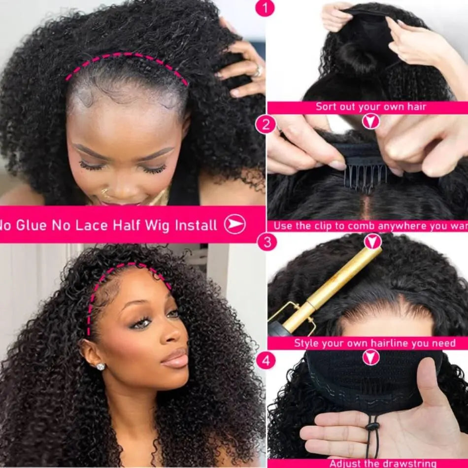 3 IN 1 Curly wave Half Wig Human Hair 200 Density Drawstring 24 32 inches Easy Install Natural Looking Wig For Women