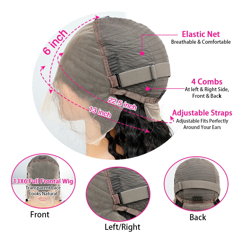 Wig cap with measurements and features highlighted on a white background