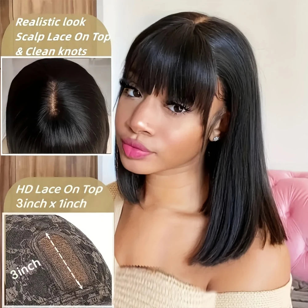 Perruque Carré Court | Cheveux Humains Brésiliens Remy | Raie Milieu en Dentelle 3x1 | Carré Lisse