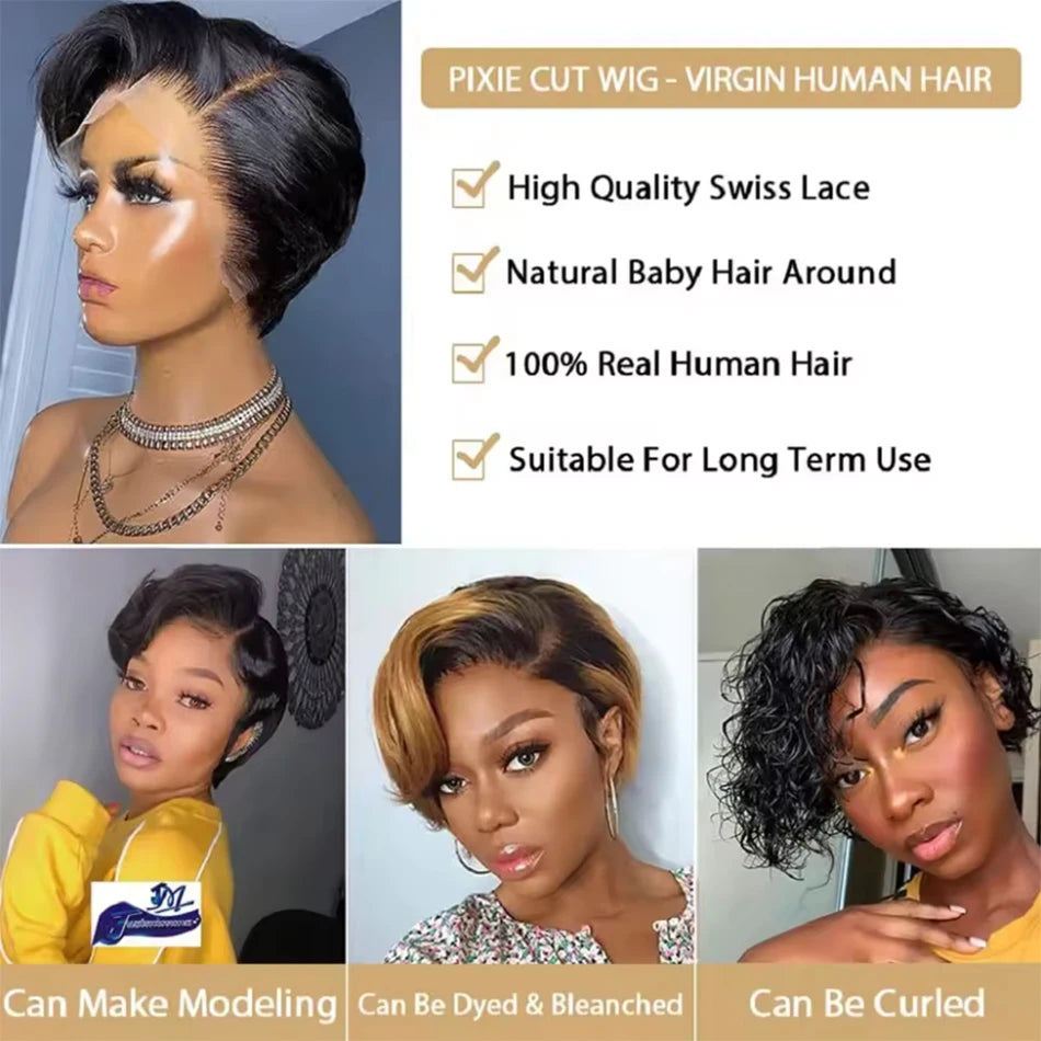 Pixie Cut Human Hair Wig | 13x4 Transparent Lace Front | 250% Density | Short Straight