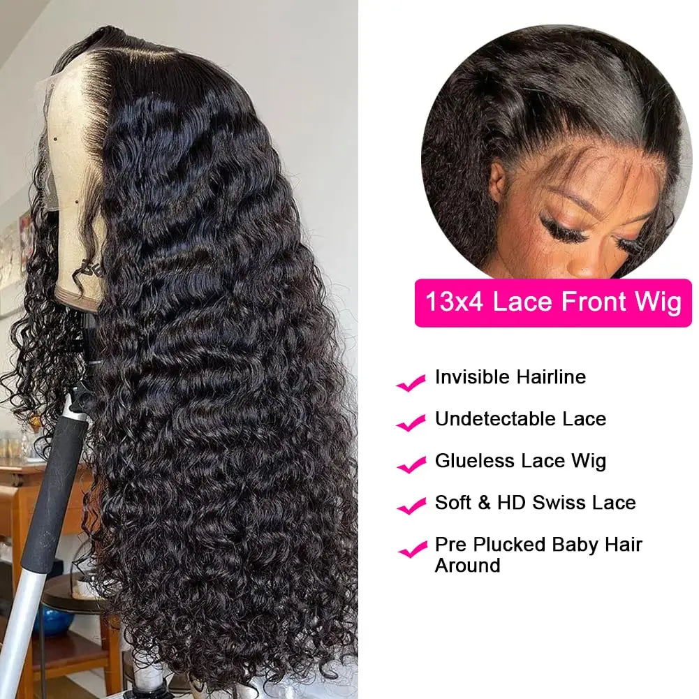 Perruque frontale Deep Wave 180 % 13x6 Perruques frontales HD Lace pour femmes Perruque en cheveux humains Water Wave Curly Lace Front 13x4 Haute densité 1B
