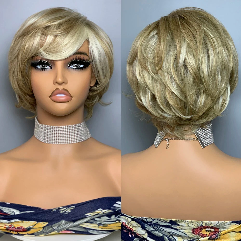 Perruque coupe Pixie ondulée | Cheveux humains Remy brésiliens | Sans dentelle | Carré court avec frange