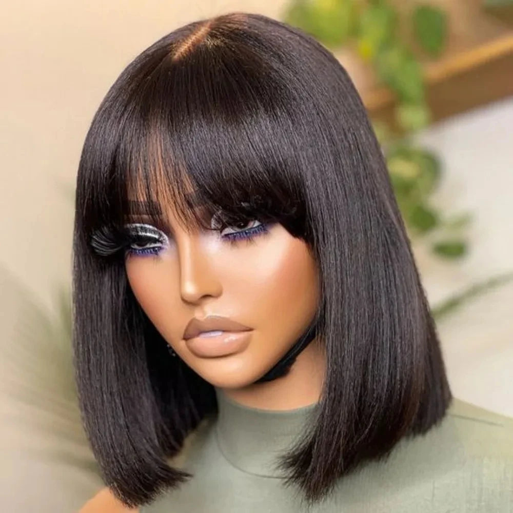 Perruque Carré Court | Cheveux Humains Brésiliens Remy | Raie Milieu en Dentelle 3x1 | Carré Lisse