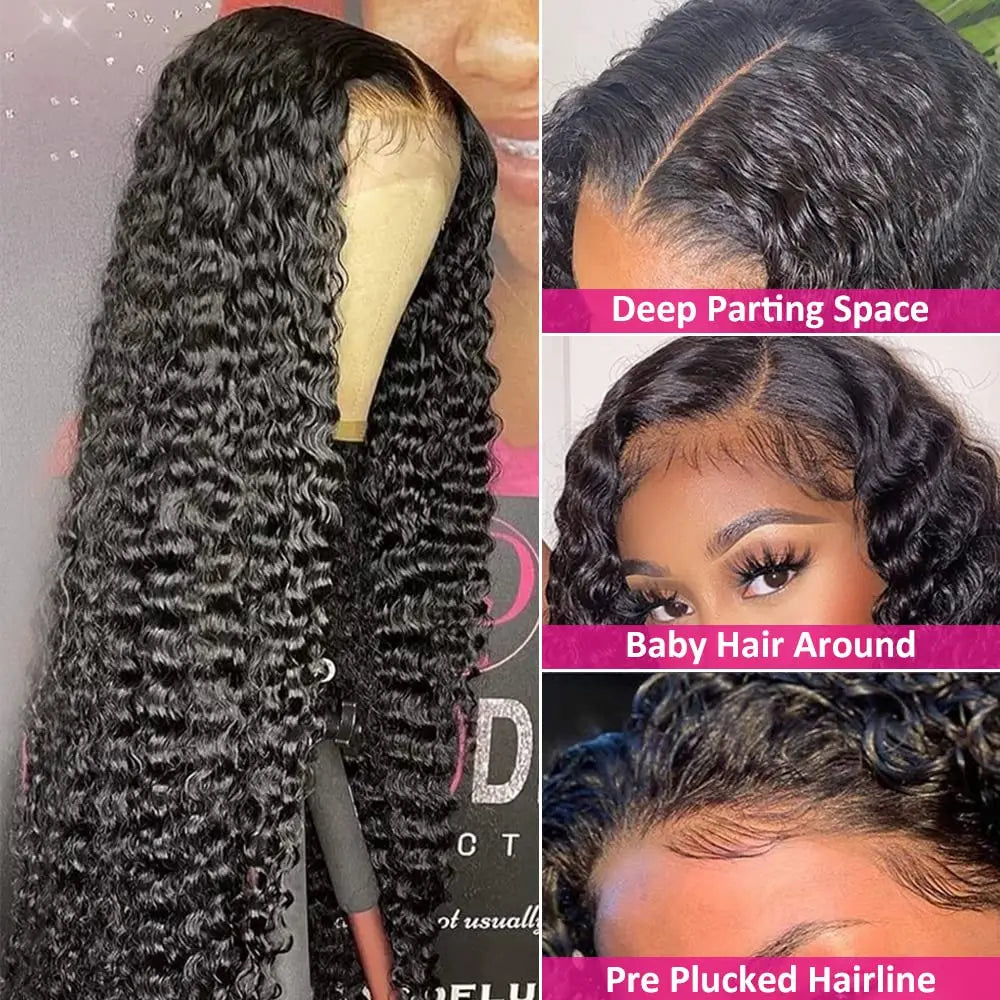 Perruque frontale Deep Wave 180 % 13x6 Perruques frontales HD Lace pour femmes Perruque en cheveux humains Water Wave Curly Lace Front 13x4 Haute densité 1B