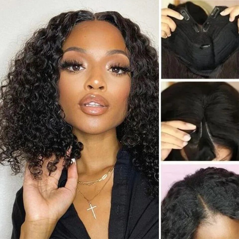 V Part Kinky Curly Real Hair Wig | 100% Brazilian Hair 14 inch 180% - LUX-Anic