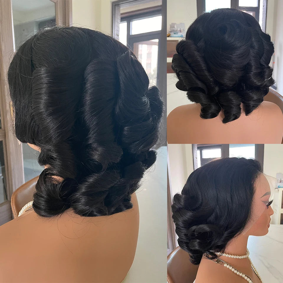 Three views of a black wig styled on a mannequin head.