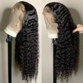 Two views of a black curly wig on a mannequin head against a neutral background.