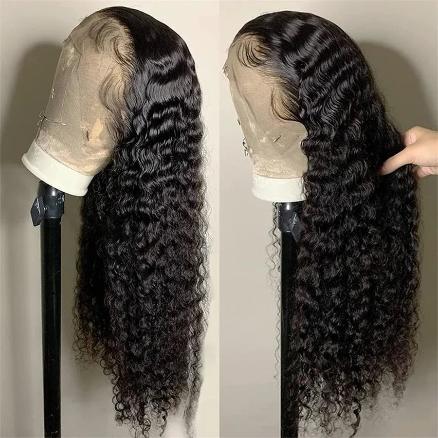 Two views of a black curly wig on a mannequin head against a neutral background.