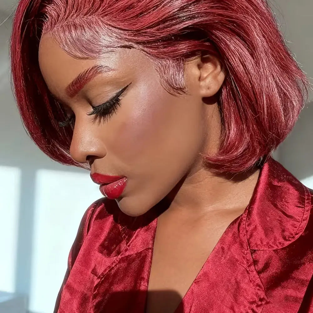 Perruque coupe Pixie 99J droite, lace frontale 13x4 transparente, cheveux humains Remy