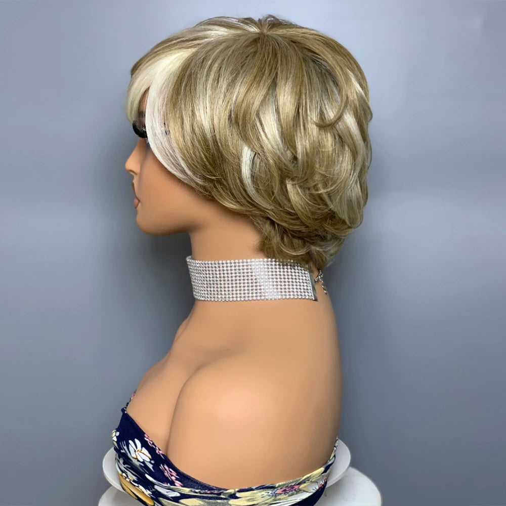 Perruque coupe Pixie ondulée | Cheveux humains Remy brésiliens | Sans dentelle | Carré court avec frange