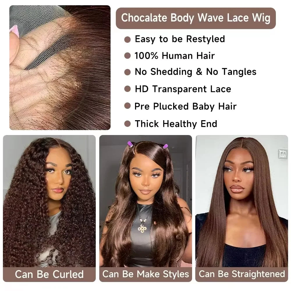 Chocolate body wave lace wig with features and styling options displayed.