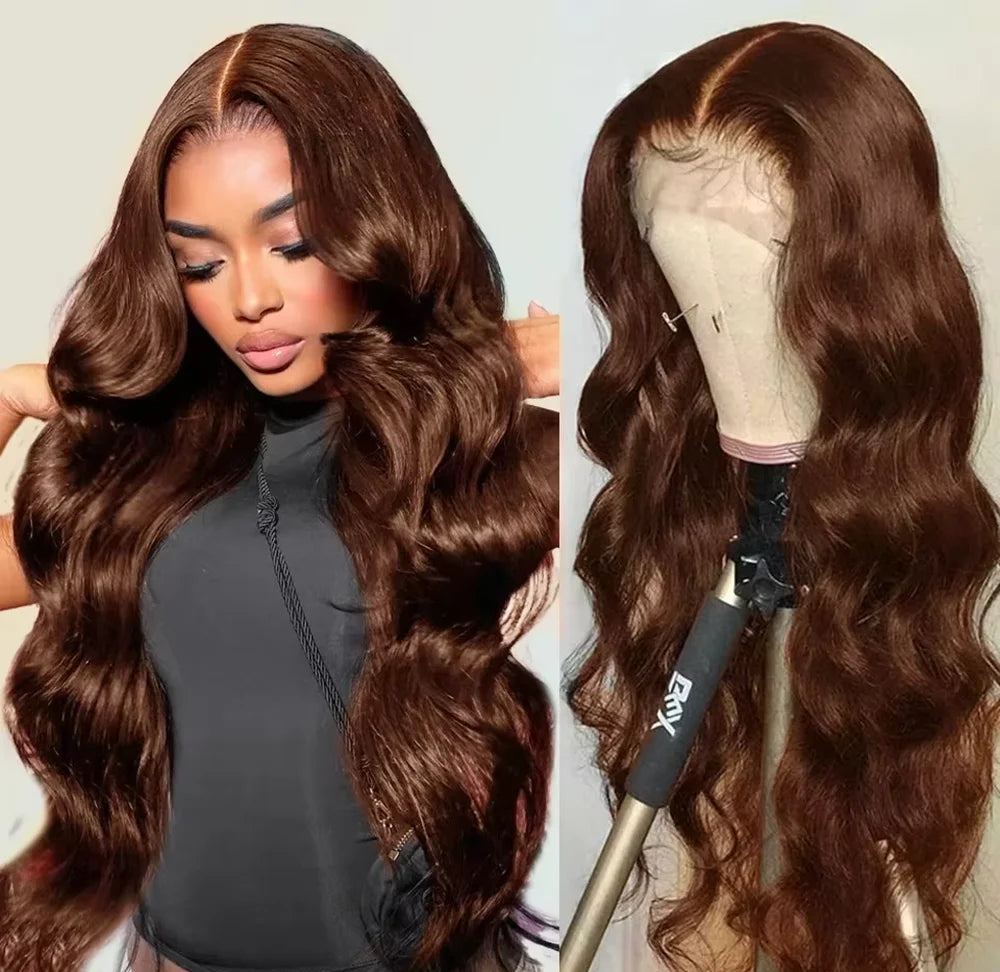 Woman with long brown hair and a mannequin head with wavy hair on a white background