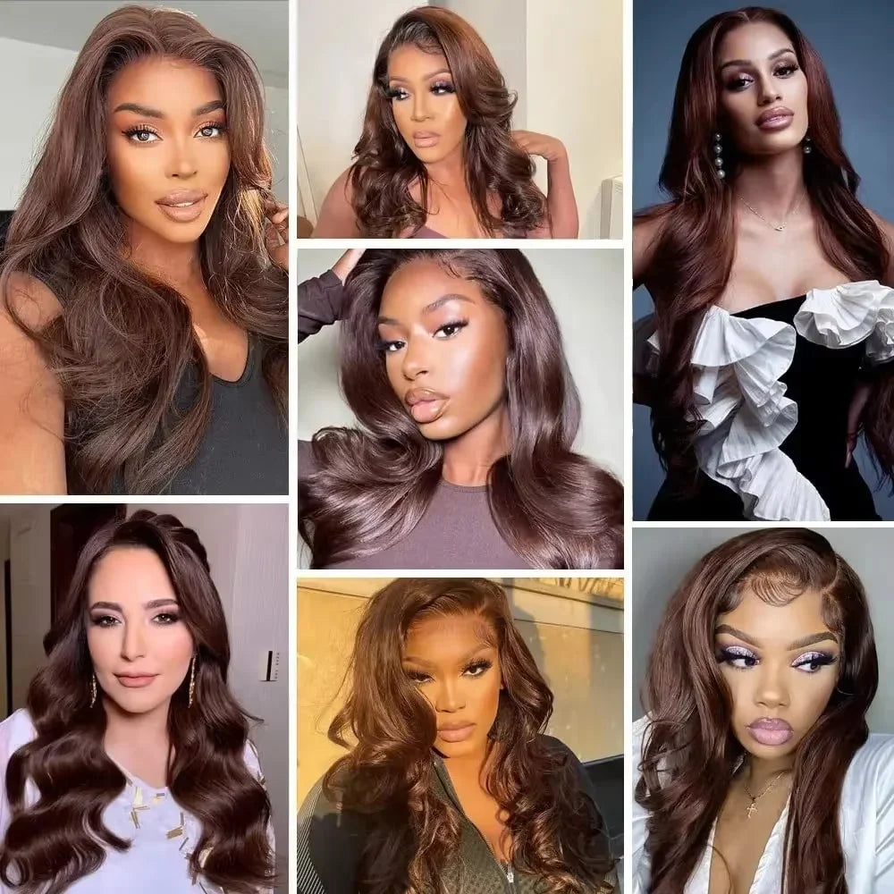 Collage of a woman with styled hair in various poses and settings.