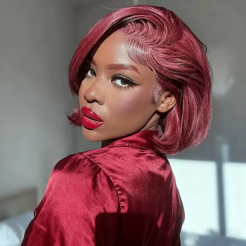 Perruque coupe Pixie 99J droite, lace frontale 13x4 transparente, cheveux humains Remy
