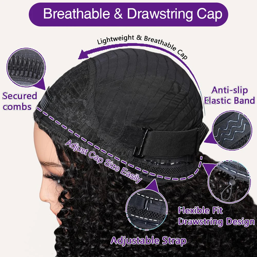 3 IN 1 Curly wave Half Wig Human Hair 200 Density Drawstring 24 32 inches Easy Install Natural Looking Wig For Women