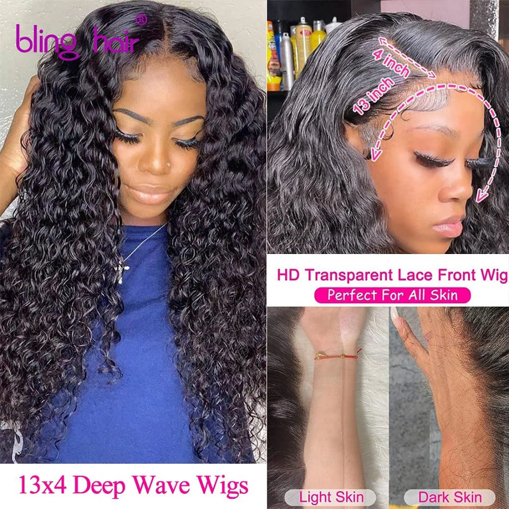Perruque frontale Deep Wave 180 % 13x6 Perruques frontales HD Lace pour femmes Perruque en cheveux humains Water Wave Curly Lace Front 13x4 Haute densité 1B