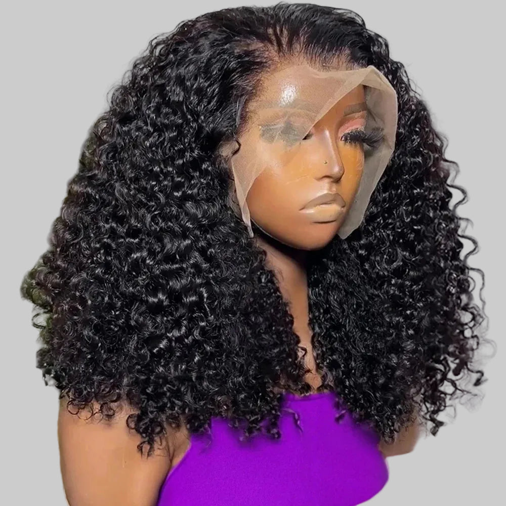 Mannequin head with curly black wig on a white background