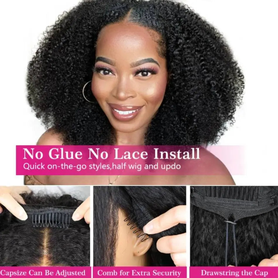 3 IN 1 Curly wave Half Wig Human Hair 200 Density Drawstring 24 32 inches Easy Install Natural Looking Wig For Women