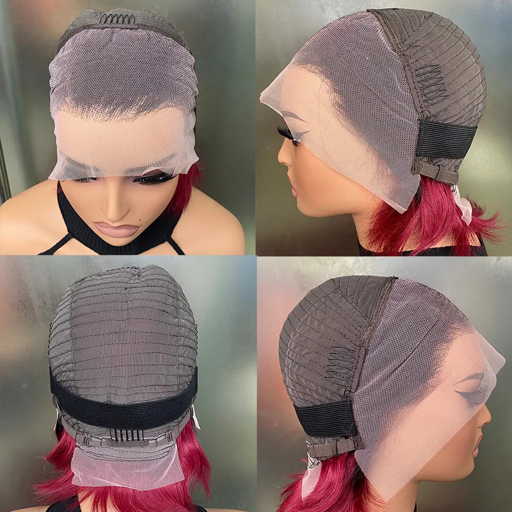 Perruque coupe Pixie 99J droite, lace frontale 13x4 transparente, cheveux humains Remy