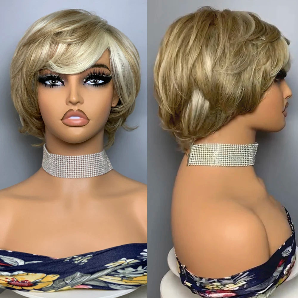 Perruque coupe Pixie ondulée | Cheveux humains Remy brésiliens | Sans dentelle | Carré court avec frange
