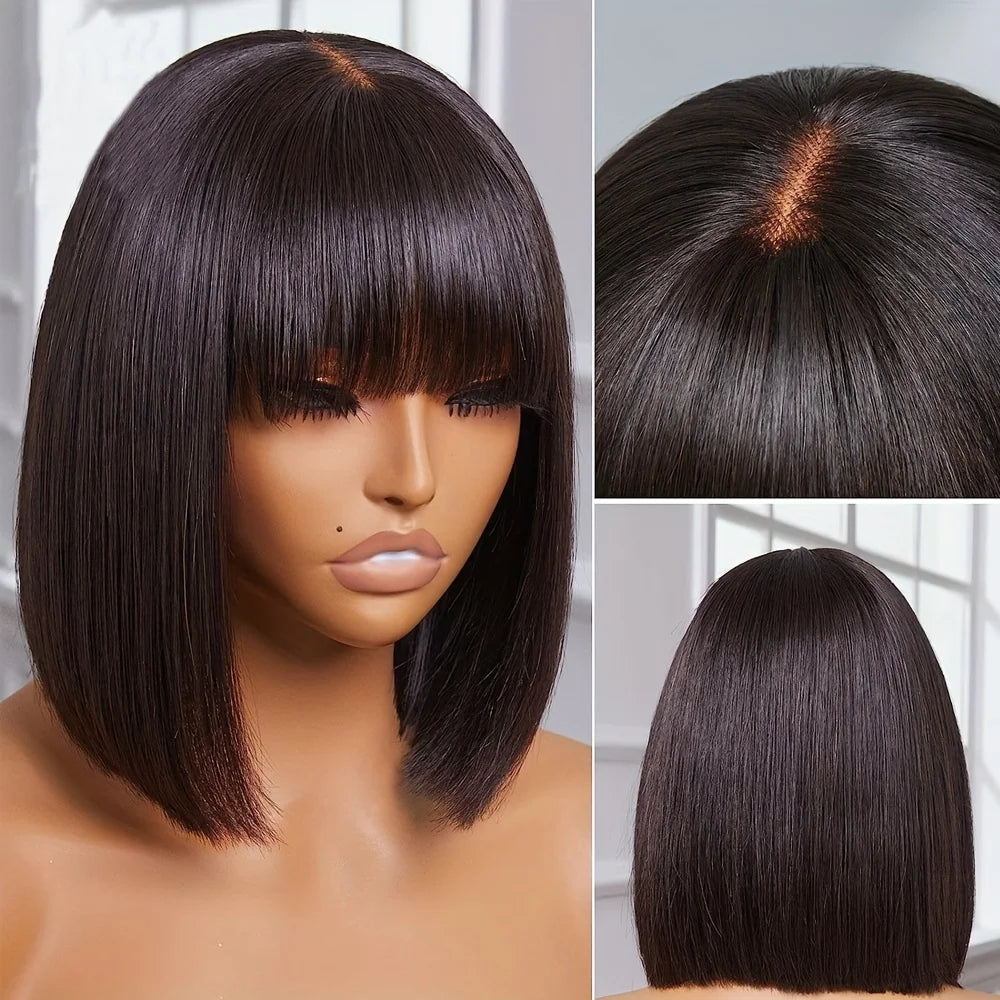 Perruque Carré Court | Cheveux Humains Brésiliens Remy | Raie Milieu en Dentelle 3x1 | Carré Lisse