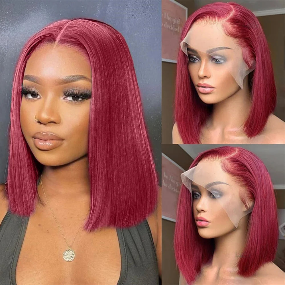 99J Burgundy Straight Bob Wig – 100% Human Hair – Glueless Lace Front - LUX-Anic