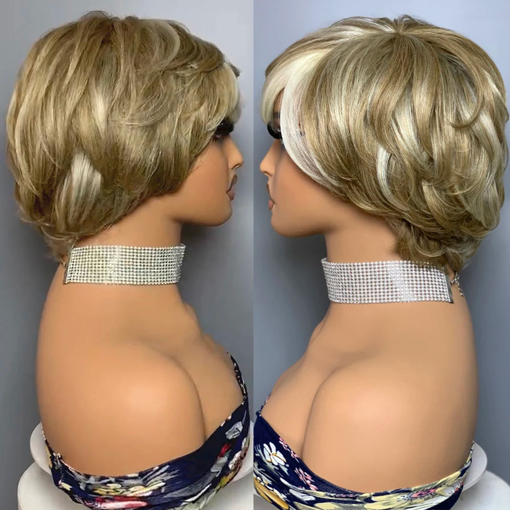Perruque coupe Pixie ondulée | Cheveux humains Remy brésiliens | Sans dentelle | Carré court avec frange