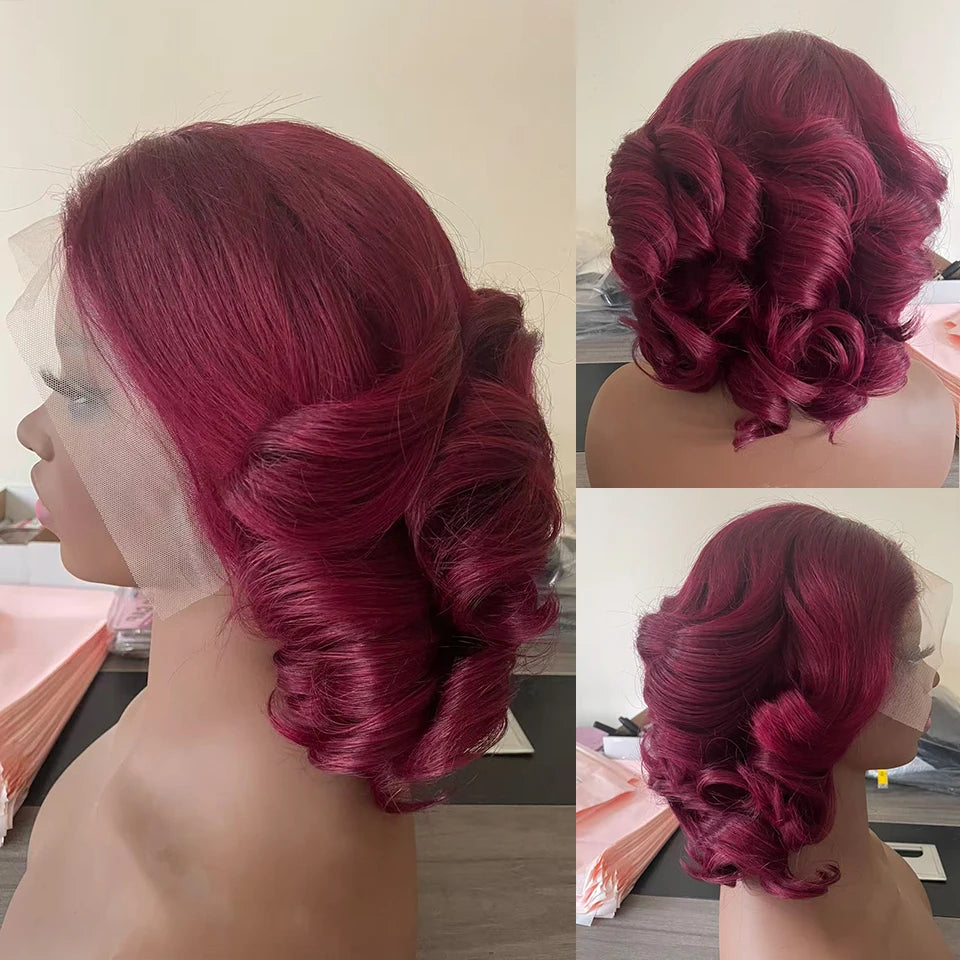 Collage of a red hairpiece styled on a mannequin head with close-up details.