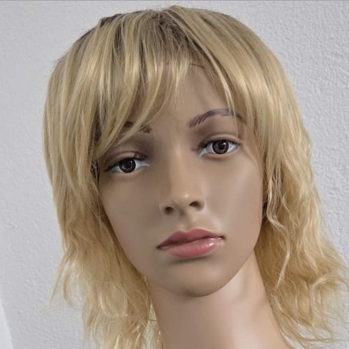Perruque synthétique courte bouclée blonde-brune-grise avec frange, finie à la main