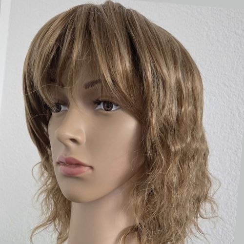 Perruque synthétique courte bouclée blonde-brune-grise avec frange, finie à la main