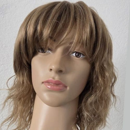 Perruque synthétique courte bouclée blonde-brune-grise avec frange, finie à la main