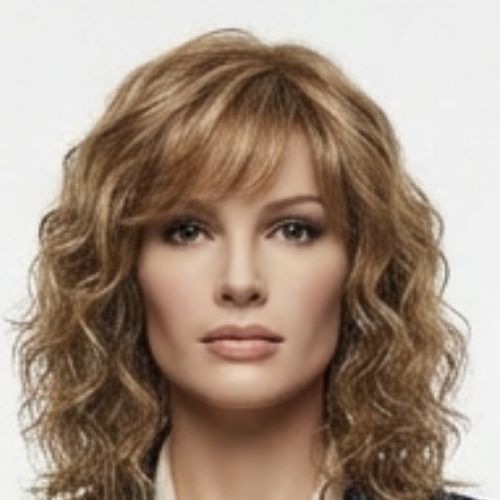 Kurze, lockige, blond-braun-graue Perücke mit Pony – hitzebeständige